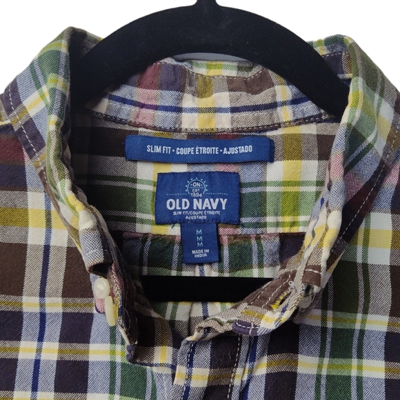 Old Navy Men's Slim Plaid Oxford Button Down Size Medium Coffee Grounds Mended - Picture 3 of 9